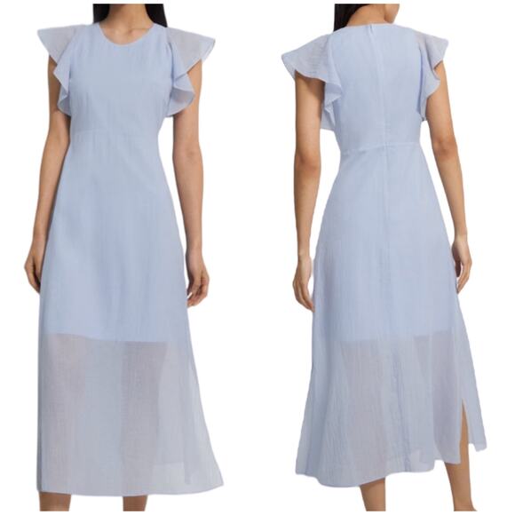 Theory NWT Ruffle Sleeve Dress in Organic Cotton Size 4 Baby Blue Midi V-Neck - Picture 1 of 12